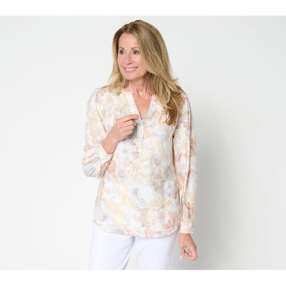 BEAUTIFUL by Lawrence Zarian Women's Top Sz XL Y- Neck Printed White A702330